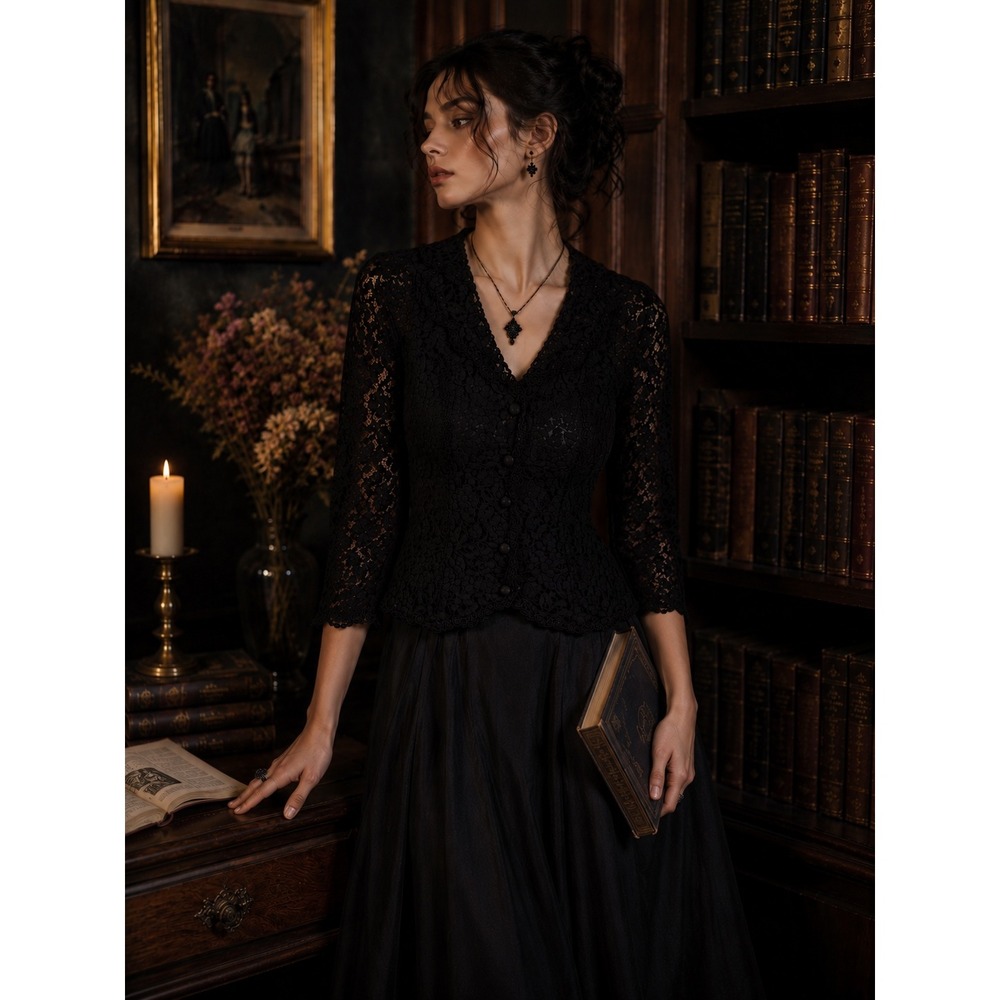 Womens Lace Button Front Jacket Blazer XS/S Black Floral Romantic Goth Academia